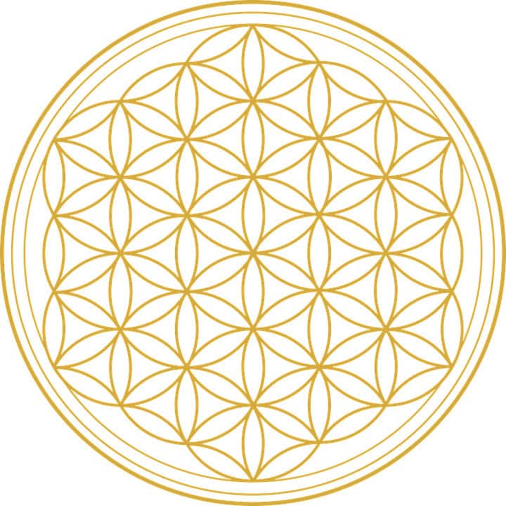 Flower of life geometric pattern in gold, spiritual and sacred symbol representing unity and harmony for wellness and holistic health concept.