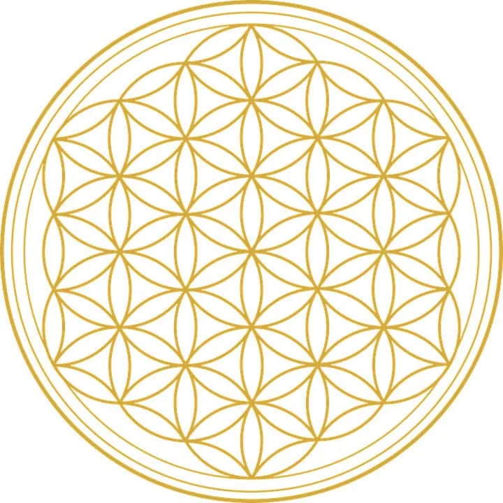 Flower of life geometric pattern in gold, spiritual and sacred symbol representing unity and harmony for wellness and holistic health concept.